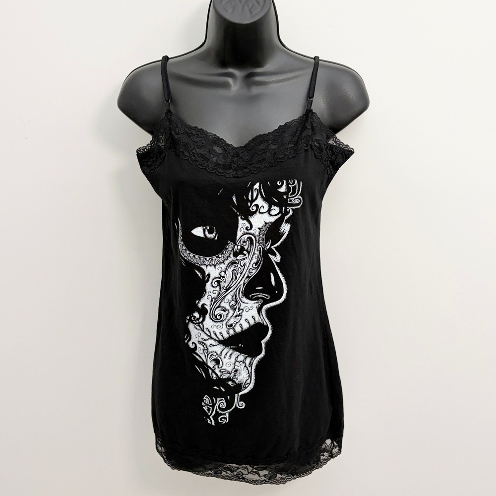 Grunge Emo Lace Y2K Vintage Cami Top Graphic Face Lace Trim Small Black